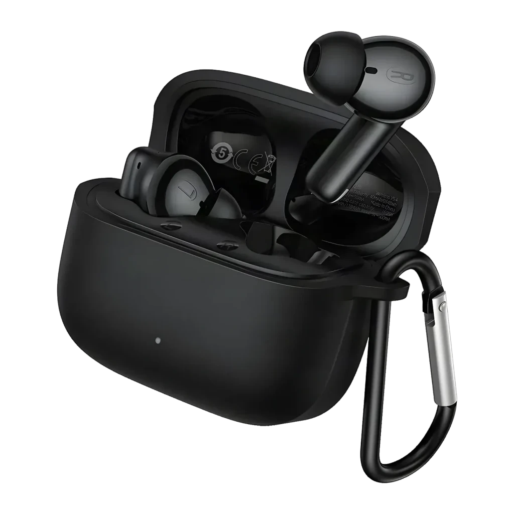 Auriculares HOCO EQ30 TWS In-Ear Bluetooth 6.0 7h, detalle: estuche abierto negro con earbuds y mosquetón lateral