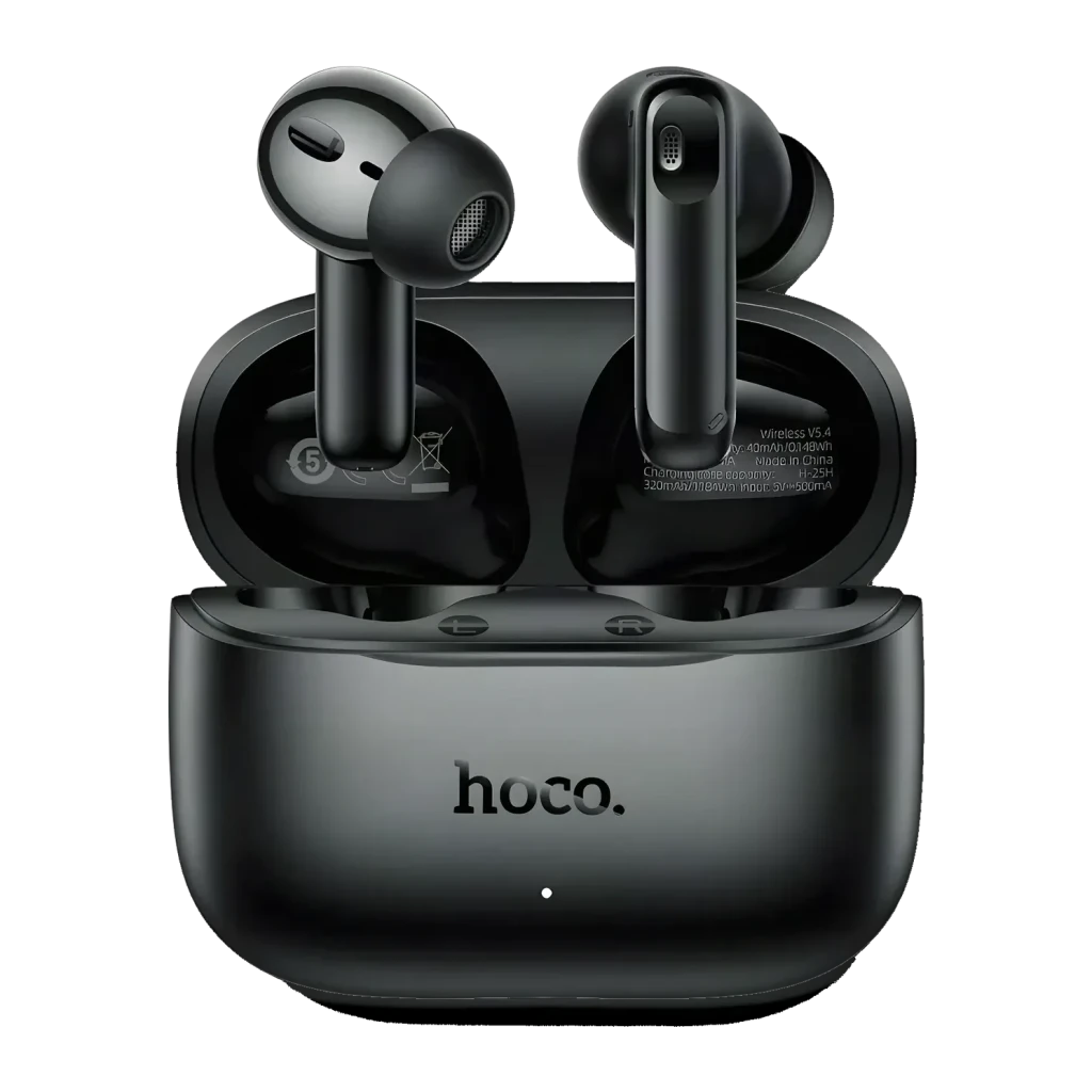 Auriculares HOCO EQ30 TWS In-Ear Bluetooth 6.0 7h negros, detalle: estuche abierto con ambos earbuds y logo hoco visible