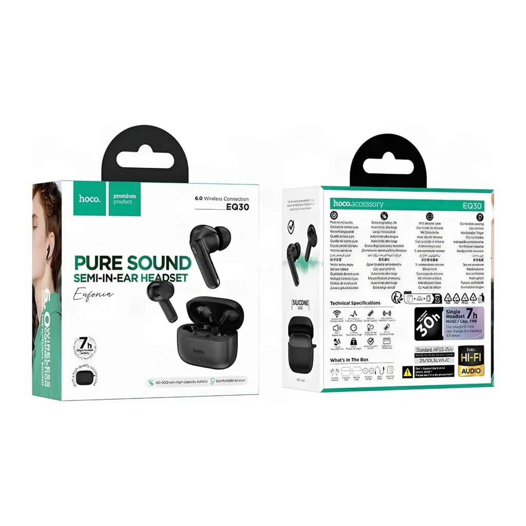 Auriculares HOCO EQ30 TWS In-Ear Bluetooth 6.0 7h, contenido de la caja: cajas frontal y trasera negras con auriculares