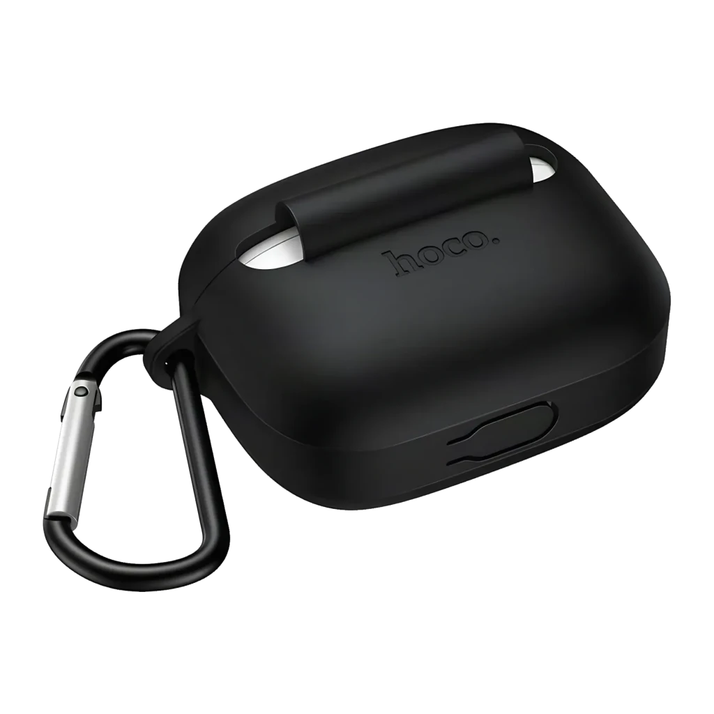 Auriculares HOCO EQ30 TWS In-Ear Bluetooth 6.0 7h, detalle: funda negra con mosquetón metálico, logo hoco y puerto de carga