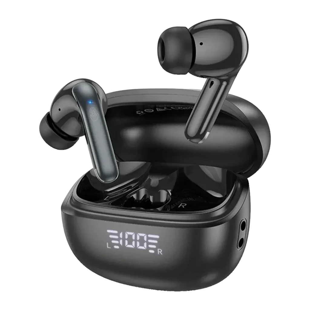 Auriculares Hoco EQ5 Energy ANC Cancelamento de Ruído ANC TWS Bluetooth 5.3, vista frontal: estojo preto aberto com ecrã LED