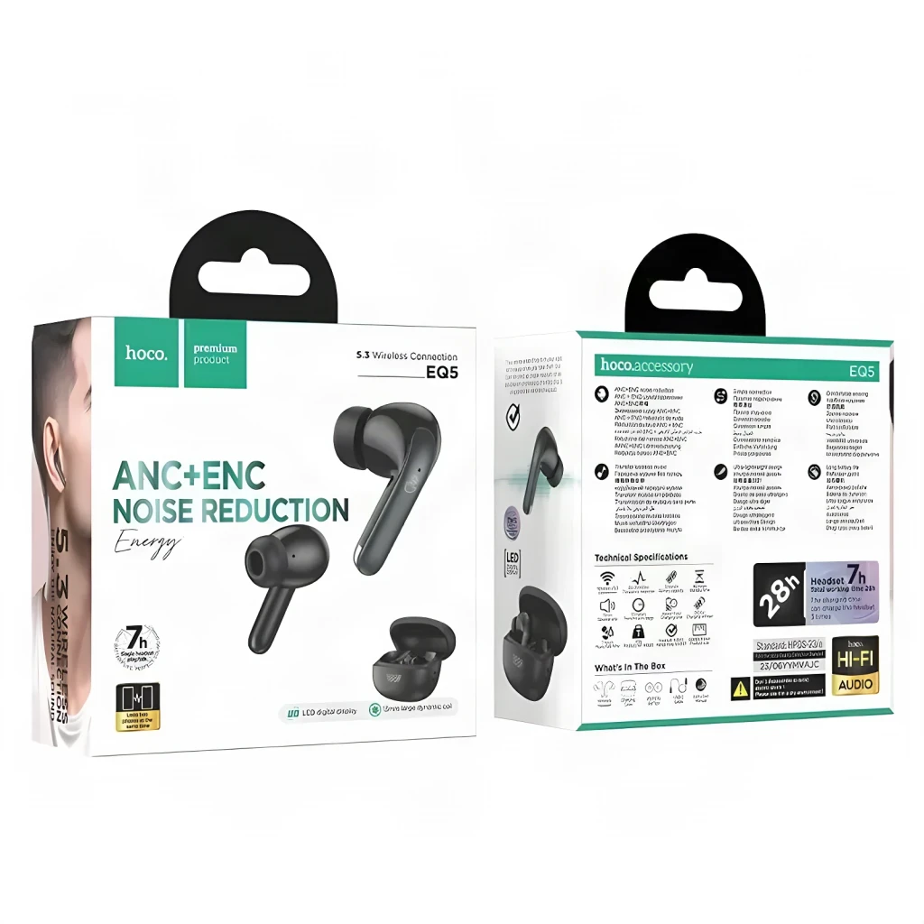 Auriculares Hoco EQ5 Energy ANC Cancelamento de Ruído ANC TWS Bluetooth 5.3, conteúdo da caixa: embalagem preta frente