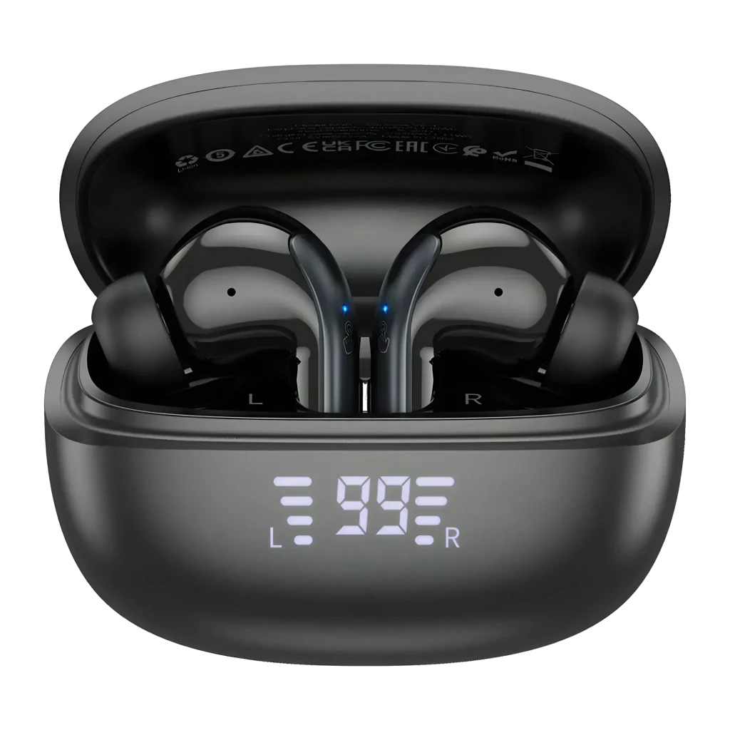 Auriculares Hoco EQ5 Energy ANC Cancelamento de Ruído ANC TWS Bluetooth 5.3, detalhe: estojo preto aberto com display LED