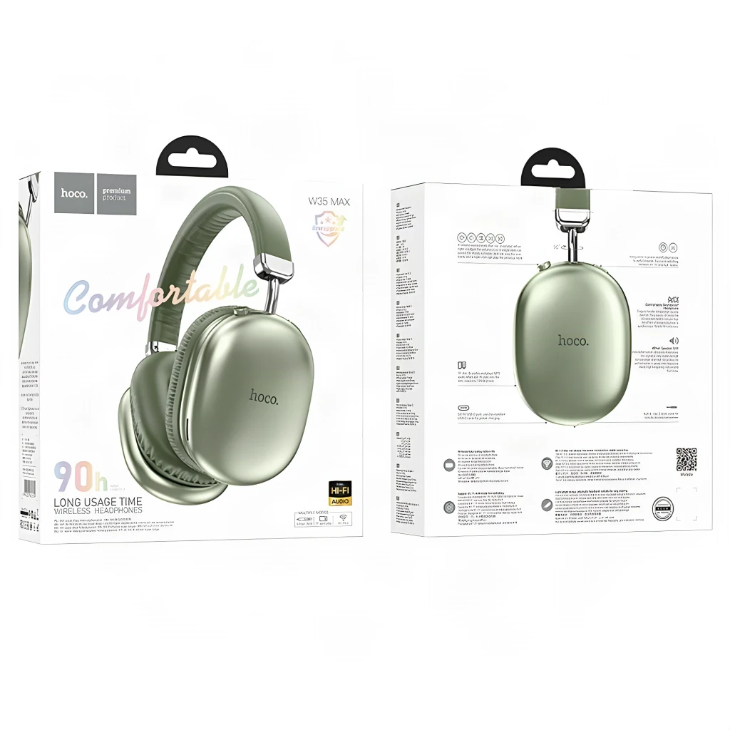 Auriculares HOCO W35 Max Diadema Bluetooth 5.3 + Jack 3,5mm 90h, contenido de la caja: cajas frontal y trasera en verde