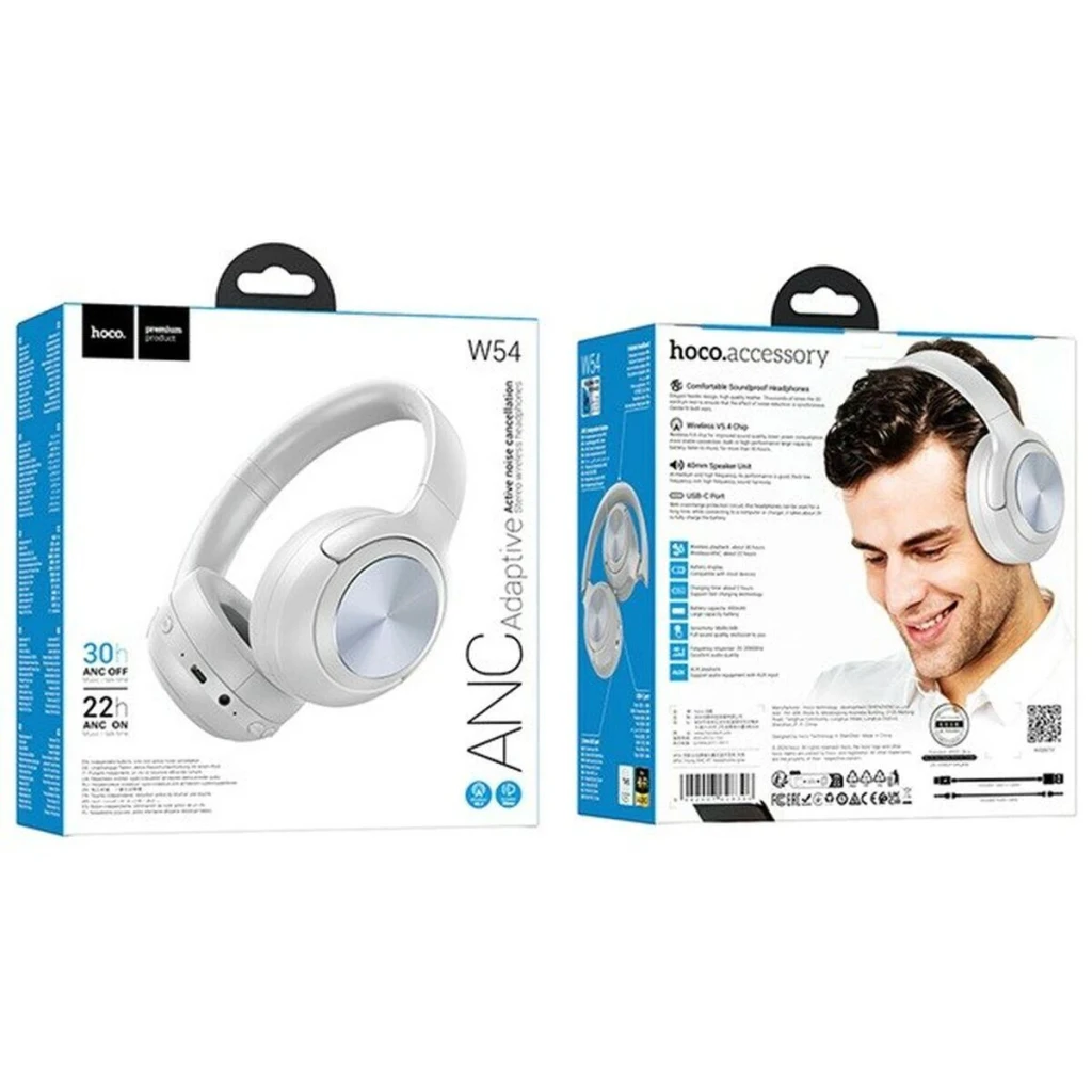 Auscultadores Hoco W54 Young Cancelamento de Ruído Banda Bluetooth + AUX, conteúdo da caixa: embalagem frente e verso