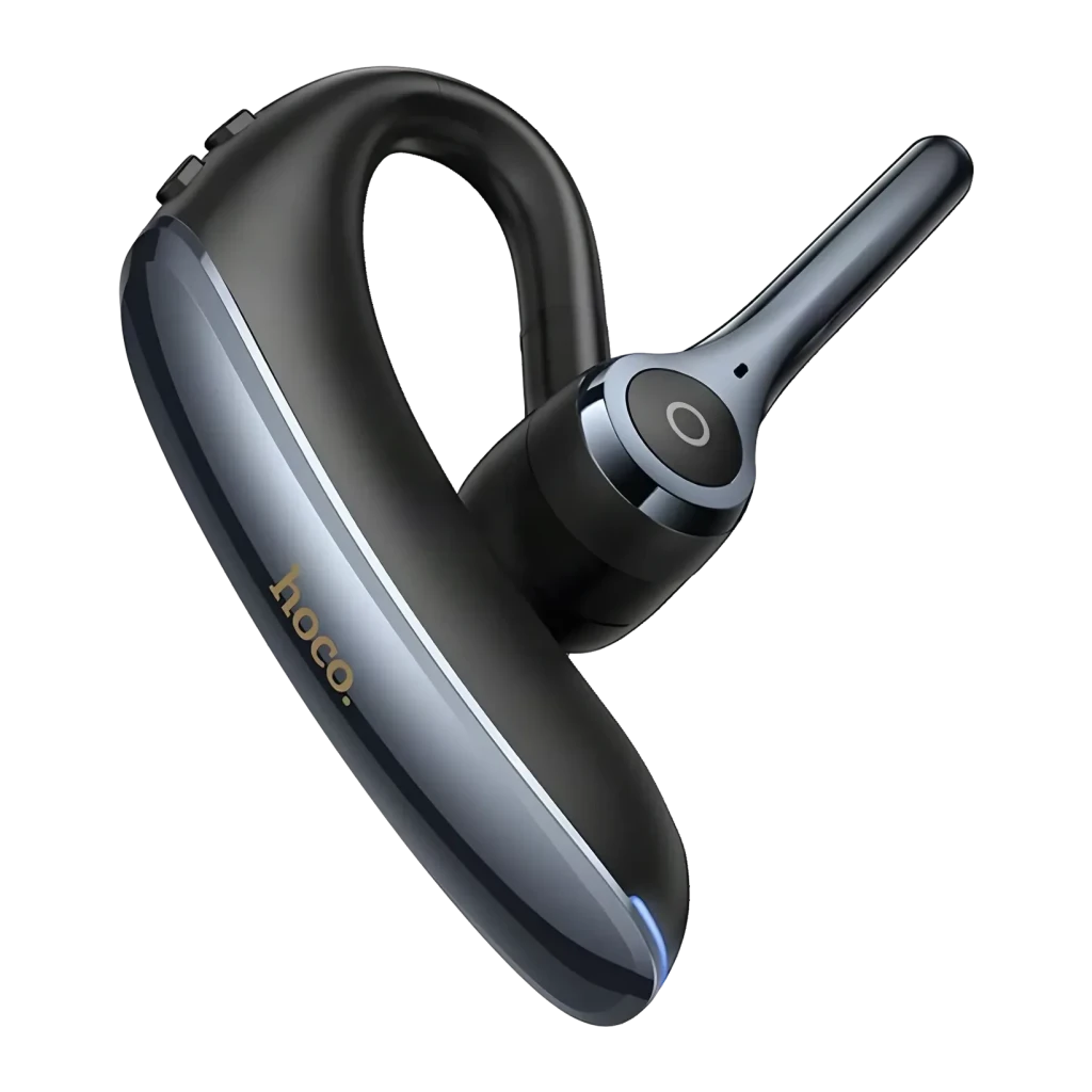 Auricular Hoco E90 Liya ENC Doble Micrófono In-Ear Mono Bluetooth 6.0, vista frontal: gancho auricular gris con logo dorado