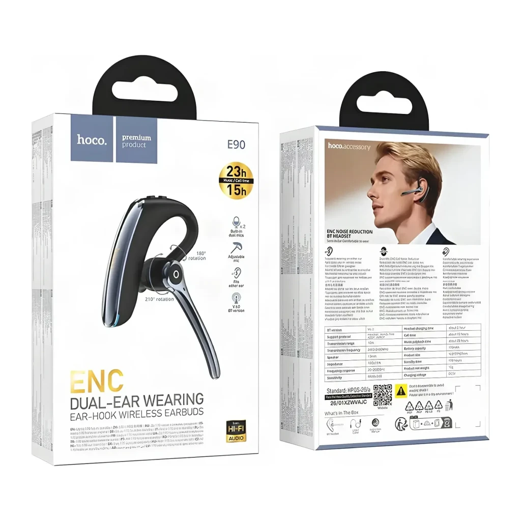 Auricular Hoco E90 Liya ENC Doble Micrófono In-Ear Mono Bluetooth 6.0, contenido de la caja: cajas frontal y trasera