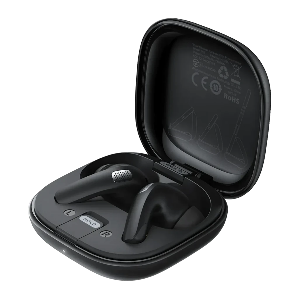 Écouteurs Acefast W4 In-Ear TWS Bluetooth 5.4 7h + 28h étui IPX4, vue de face: étui noir ouvert avec écouteurs logés à