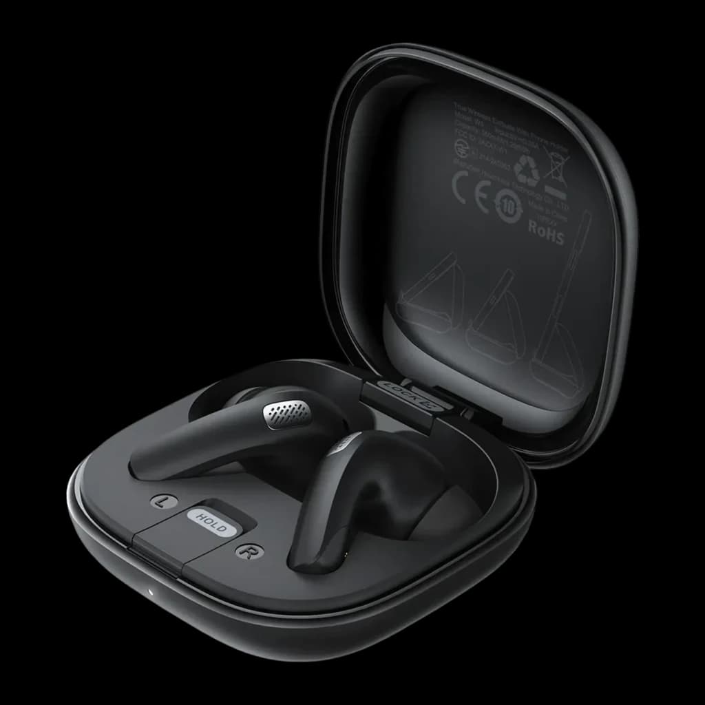 Écouteurs Acefast W4 In-Ear TWS Bluetooth 5.4 7h + 28h étui IPX4, vue de face: étui noir ouvert avec écouteurs logés à
