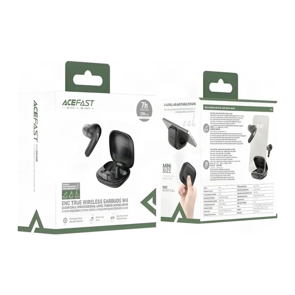 Écouteurs Acefast W4 In-Ear TWS Bluetooth 5.4 7h + 28h étui IPX4, contenu boîte: packaging noir recto et verso affiché
