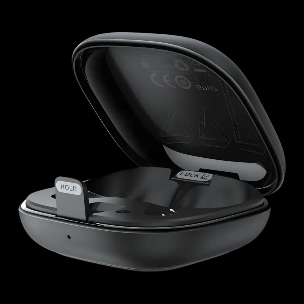 Écouteurs Acefast W4 In-Ear TWS Bluetooth 5.4 7h + 28h étui IPX4, détail: intérieur de l'étui noir ouvert avec boutons HOLD