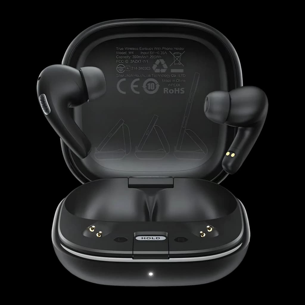 Écouteurs Acefast W4 In-Ear TWS Bluetooth 5.4 7h + 28h étui IPX4 noir, détail: intérieur de l'étui ouvert avec contacts