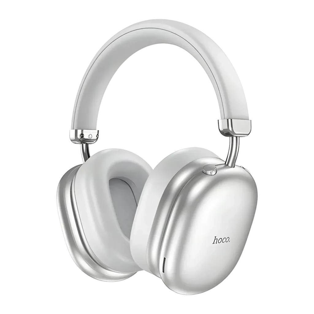 Auriculares HOCO W35 Max ANC Cancelación de Ruido Diadema Bluetooth 5.4, detalle: copa oval plateada con logo hoco y bisagra