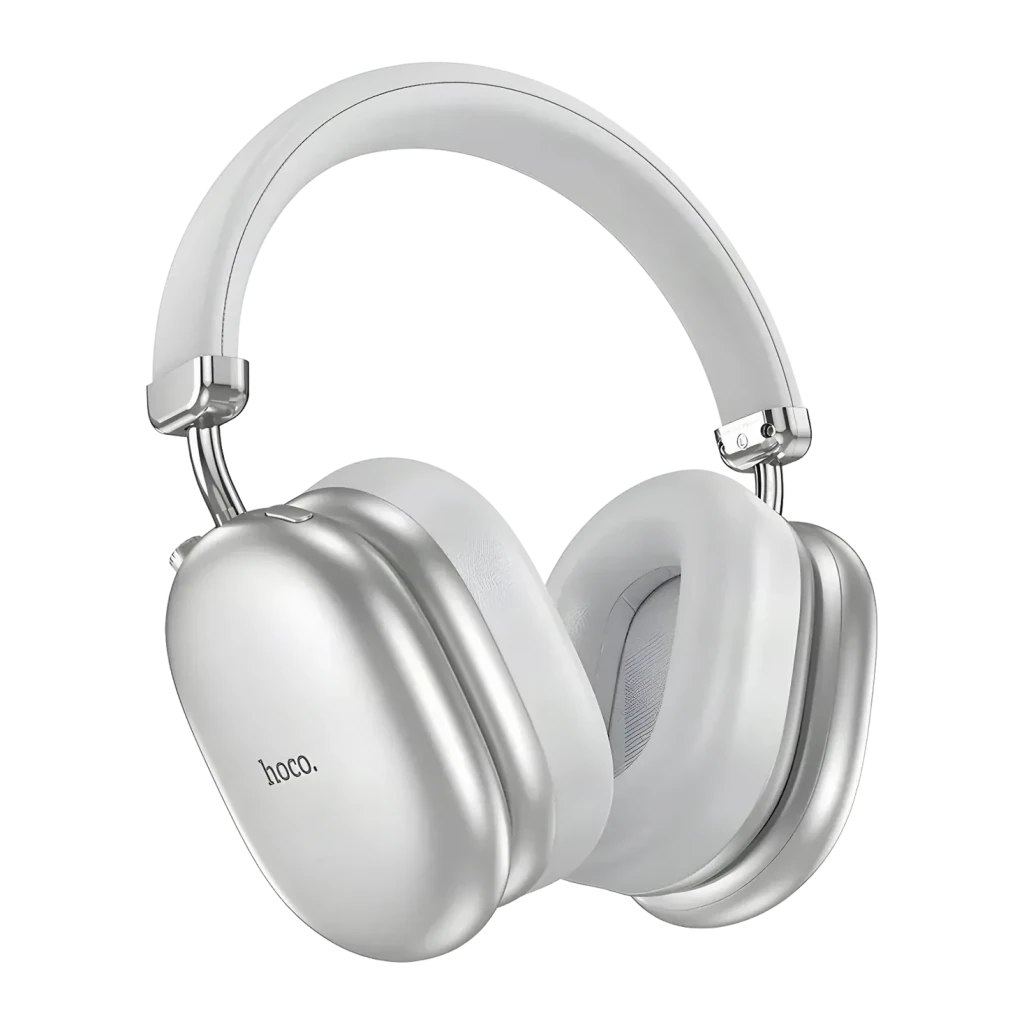 Auriculares HOCO W35 Max ANC Cancelación de Ruido Diadema Bluetooth 5.4, detalle: copa exterior plateada con logo hoco