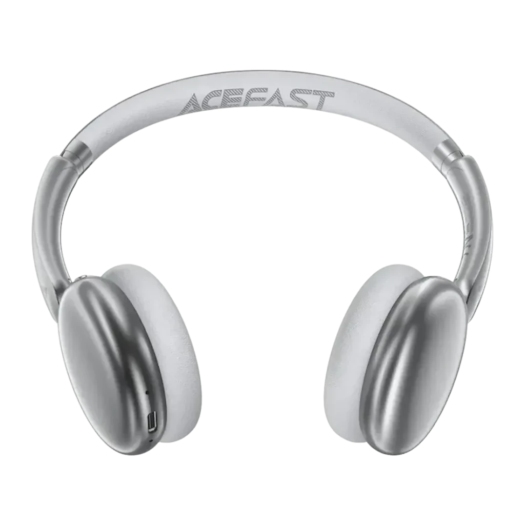 Casque Acefast H8 Réduction de Bruit Active Arceau Bluetooth 5.4 60h, vue de face: arceau argenté avec logo et coussinets