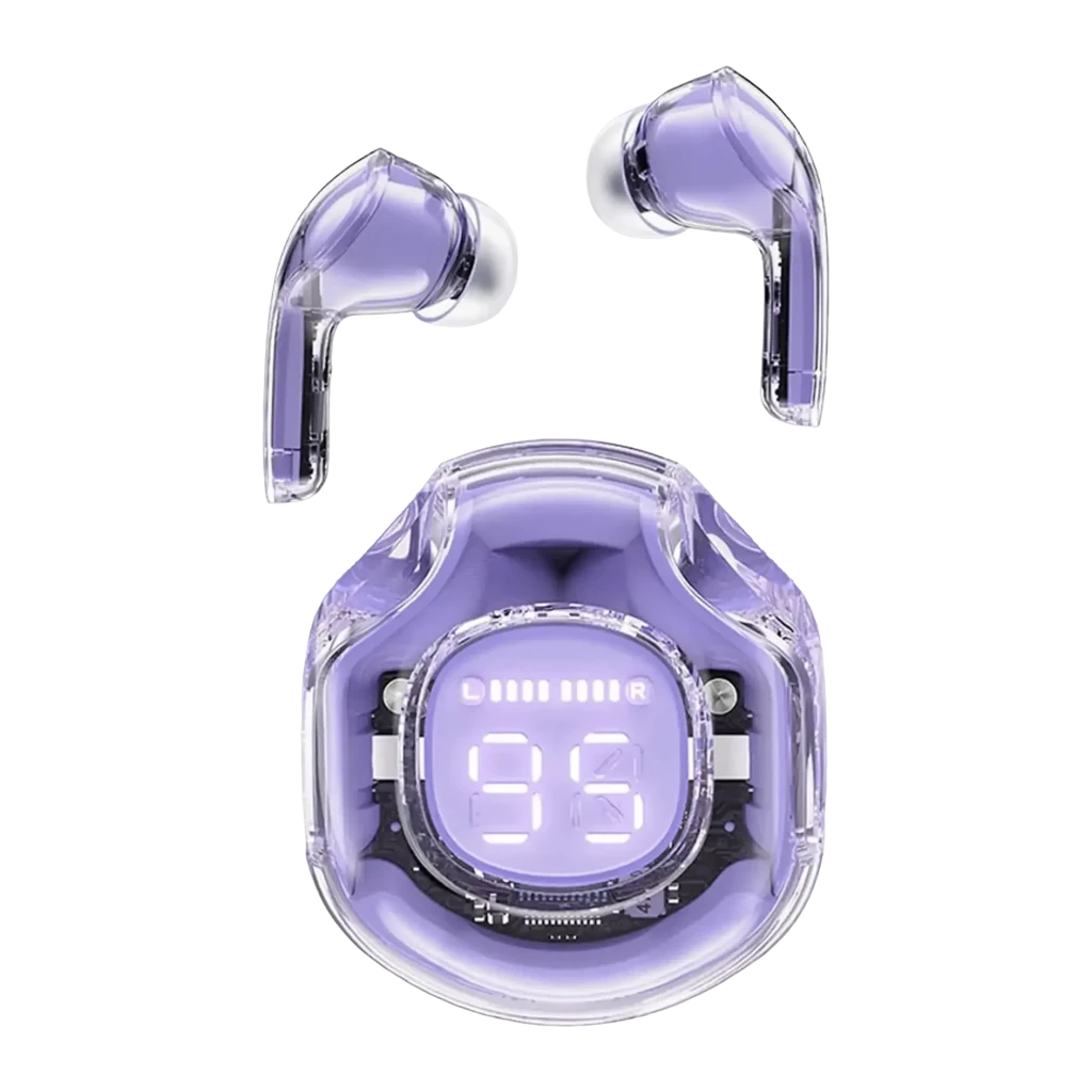 Écouteurs Acefast T8 Crystal TWS In-Ear Bluetooth 5.3 30h (étui) IPX4, vue frontale: étui transparent violet avec écran LED