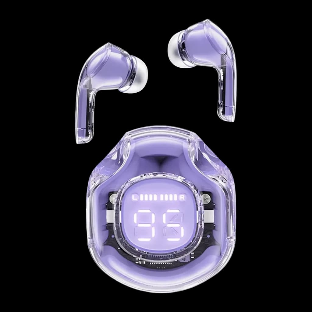 Écouteurs Acefast T8 Crystal TWS In-Ear Bluetooth 5.3 30h (étui) IPX4, vue frontale: étui transparent violet avec écran LED
