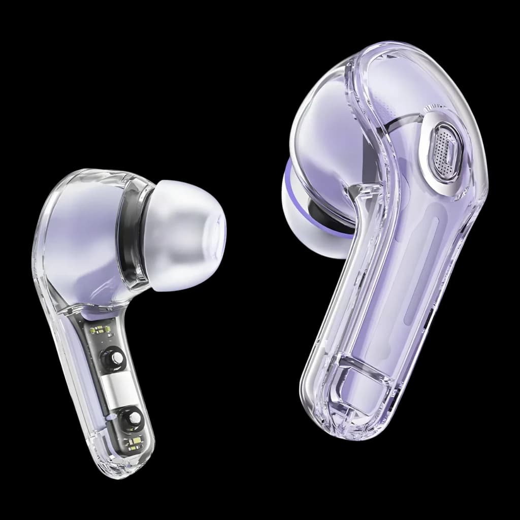 Écouteurs Acefast T8 Crystal TWS In-Ear Bluetooth 5.3 30h (étui) IPX4, détail: coque transparente lilas révélant