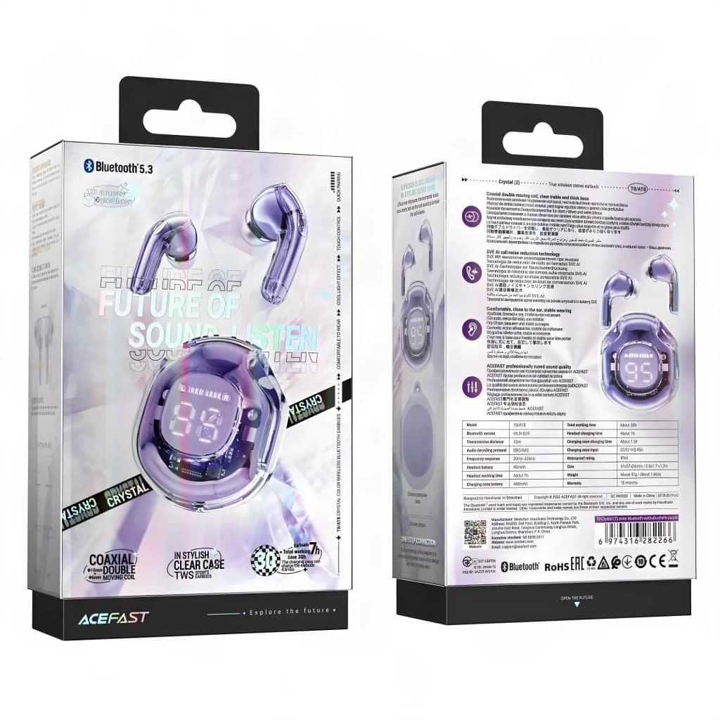 Écouteurs Acefast T8 Crystal TWS In-Ear Bluetooth 5.3 30h (étui) IPX4, contenu boîte: packaging violet recto verso