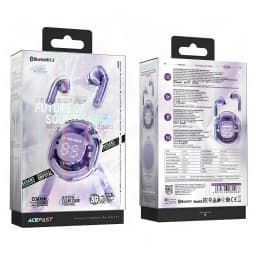 Écouteurs Acefast T8 Crystal TWS In-Ear Bluetooth 5.3 30h (étui) IPX4, contenu boîte: packaging violet recto verso