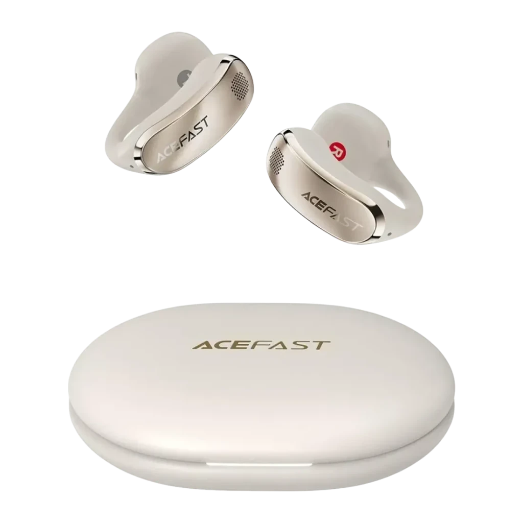 Écouteurs Acefast AceClip Pro FA006 Open-Ear Bluetooth 5.4, vue frontale: deux écouteurs blancs à clip et boîtier de charge