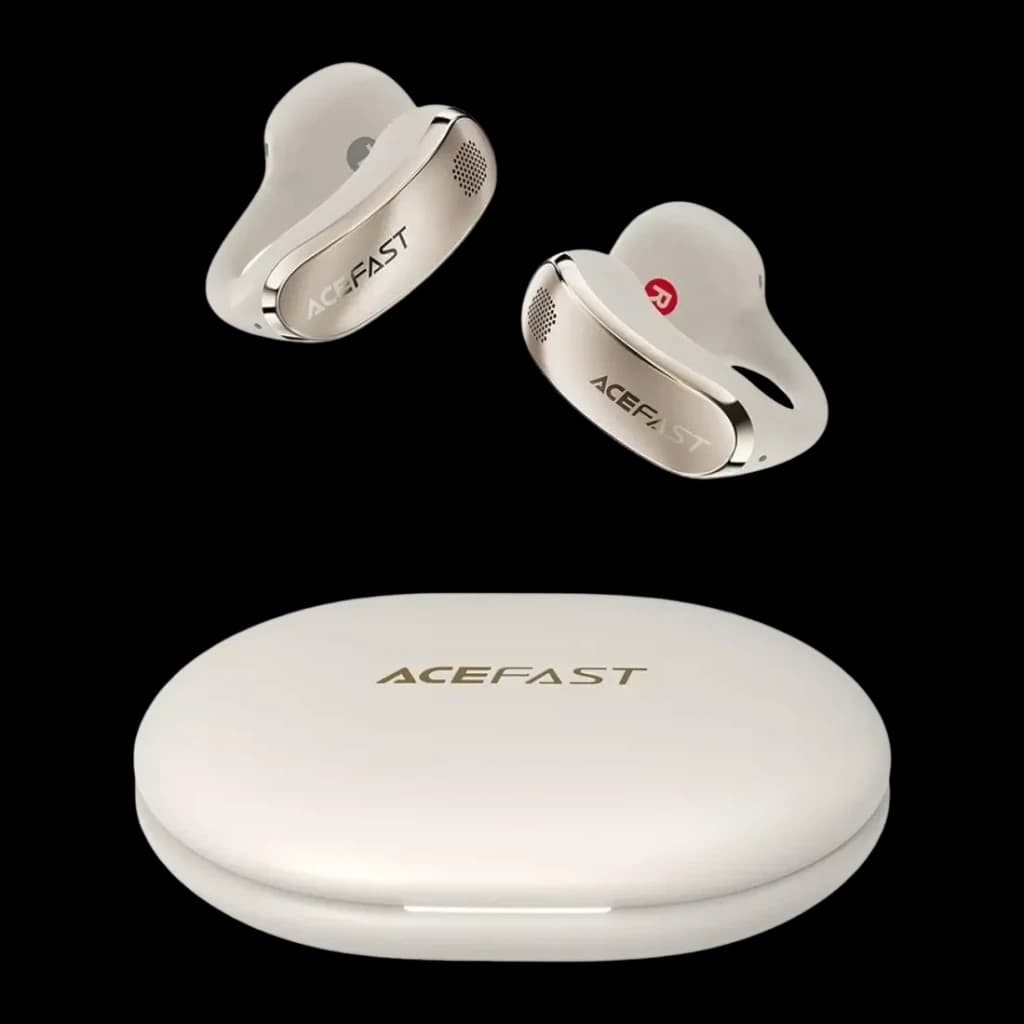 Écouteurs Acefast AceClip Pro FA006 Open-Ear Bluetooth 5.4, vue frontale: deux écouteurs blancs à clip et boîtier de charge