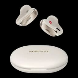Écouteurs Acefast AceClip Pro FA006 Open-Ear Bluetooth 5.4, vue frontale: deux écouteurs blancs à clip et boîtier de charge