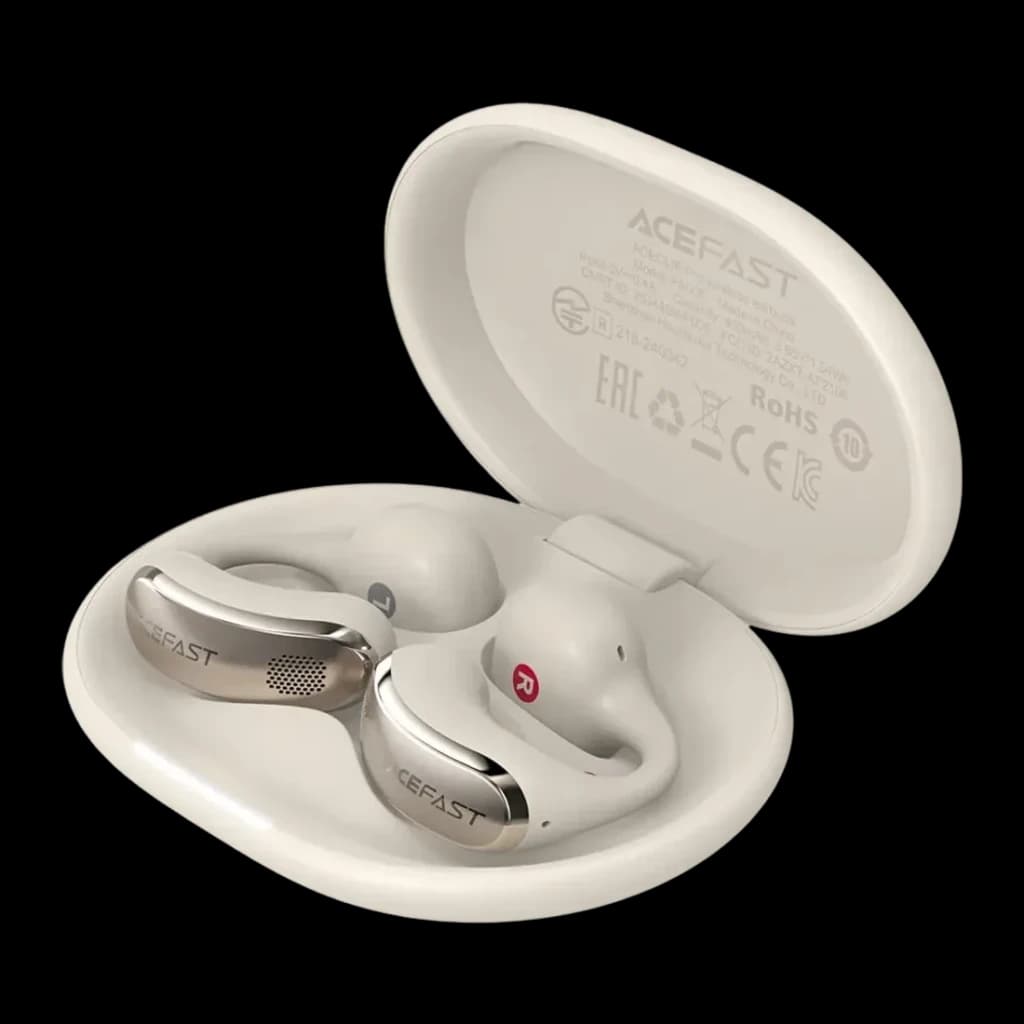 Écouteurs Acefast AceClip Pro FA006 Open-Ear Bluetooth 5.4, détail: boîtier ouvert avec écouteurs blancs et arceau