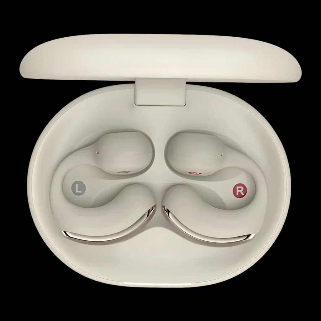 Écouteurs Acefast AceClip Pro FA006 Open-Ear Bluetooth 5.4, détail: intérieur du boîtier ouvert avec écouteurs L et R blanc