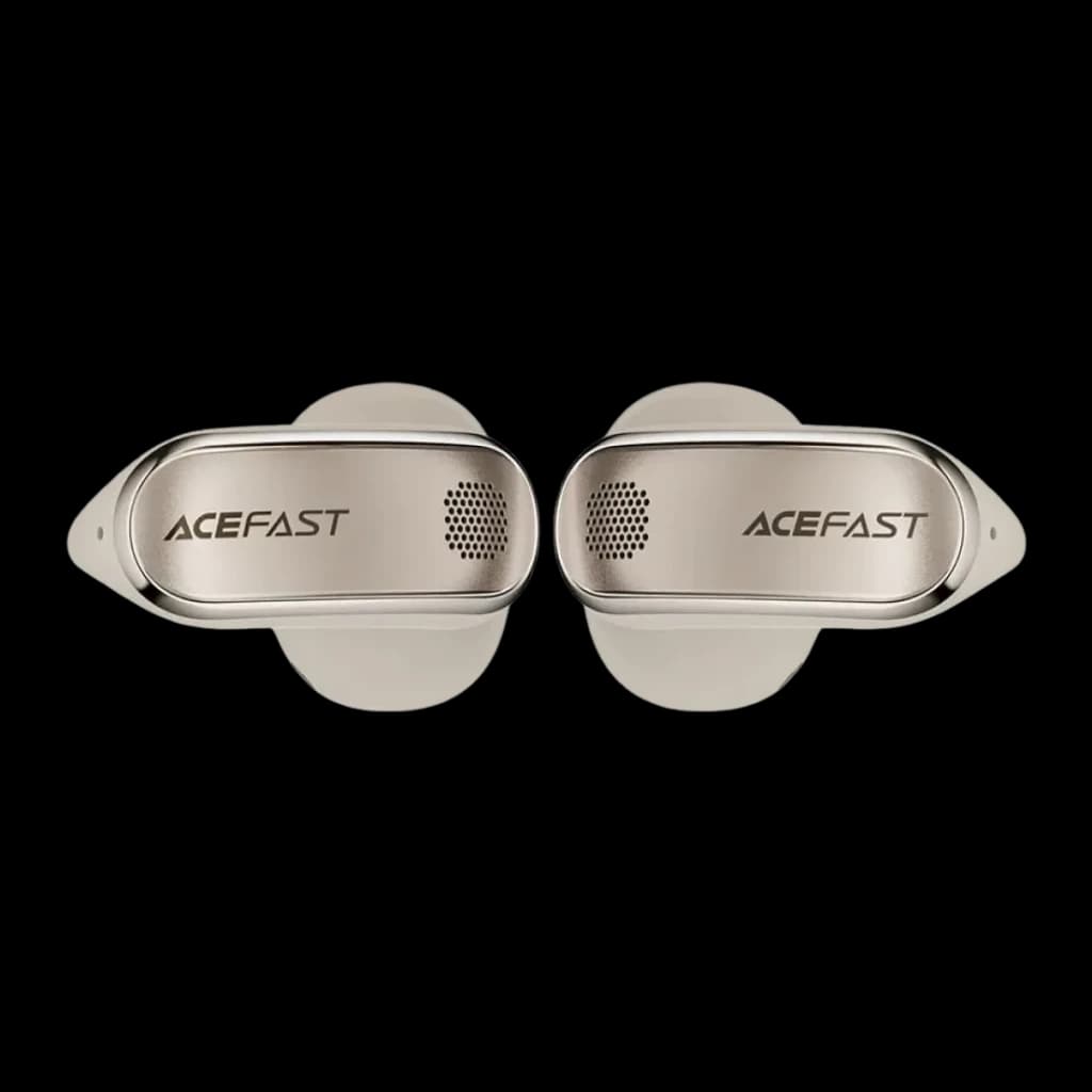 Écouteurs Acefast AceClip Pro FA006 Open-Ear Bluetooth 5.4, détail: vue frontale des deux écouteurs dorés avec logo et grille