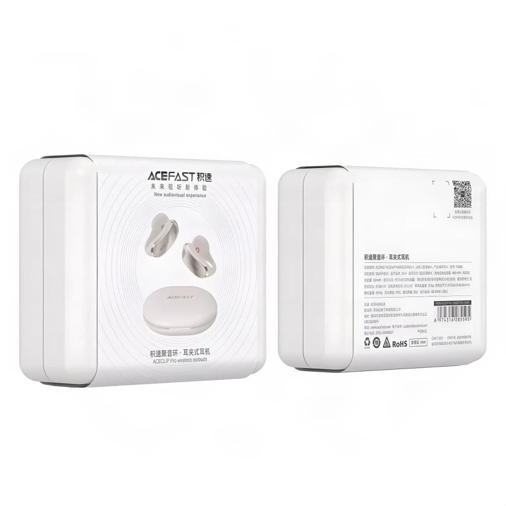 Écouteurs Acefast AceClip Pro FA006 Open-Ear Bluetooth 5.4, contenu de la boîte: packaging blanc recto verso avec écouteurs