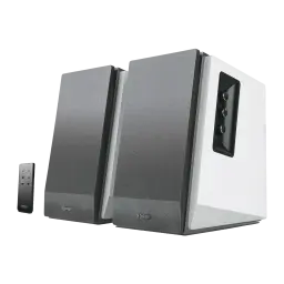 Altavoces Edifier R1700BT 66W RMS Bluetooth, vista frontal: par de altavoces blancos con rejilla gris y mando a distancia