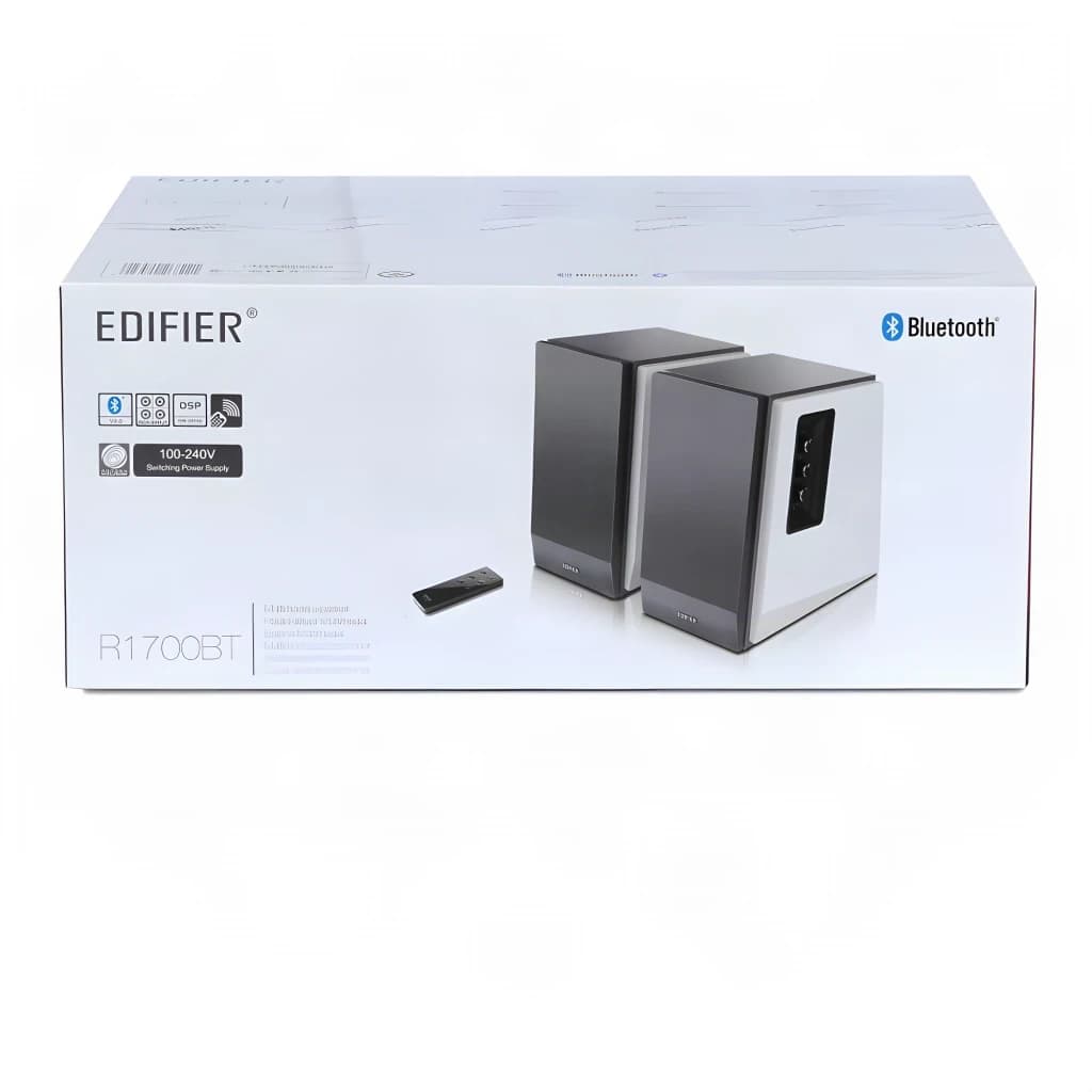 Altavoces Edifier R1700BT 66W RMS Bluetooth, contenido de la caja: caja retail con imagen de los altavoces y mando