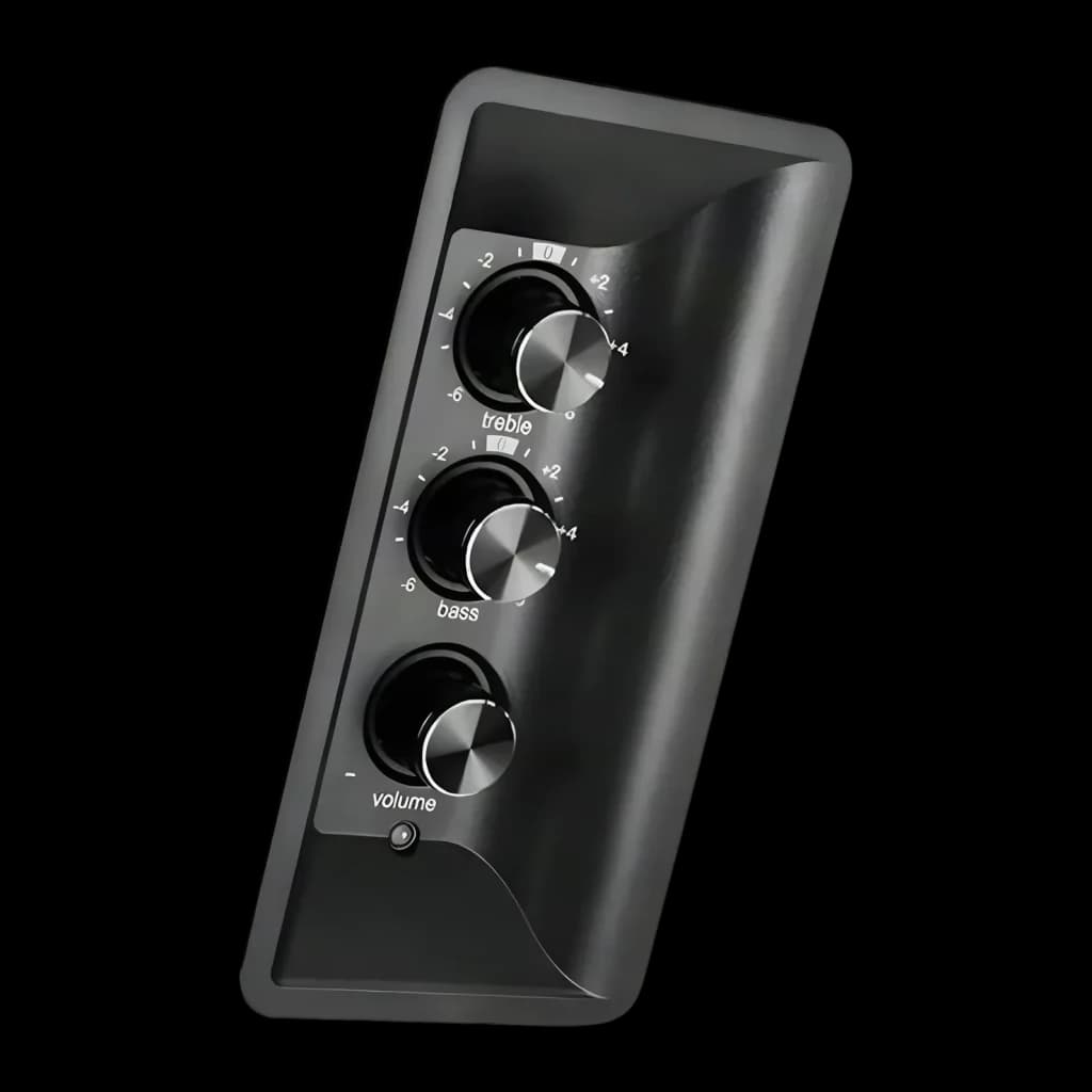 Altavoces Edifier R1700BT 66W RMS Bluetooth, detalle: mando de control lateral con mandos de treble, bass y volumen