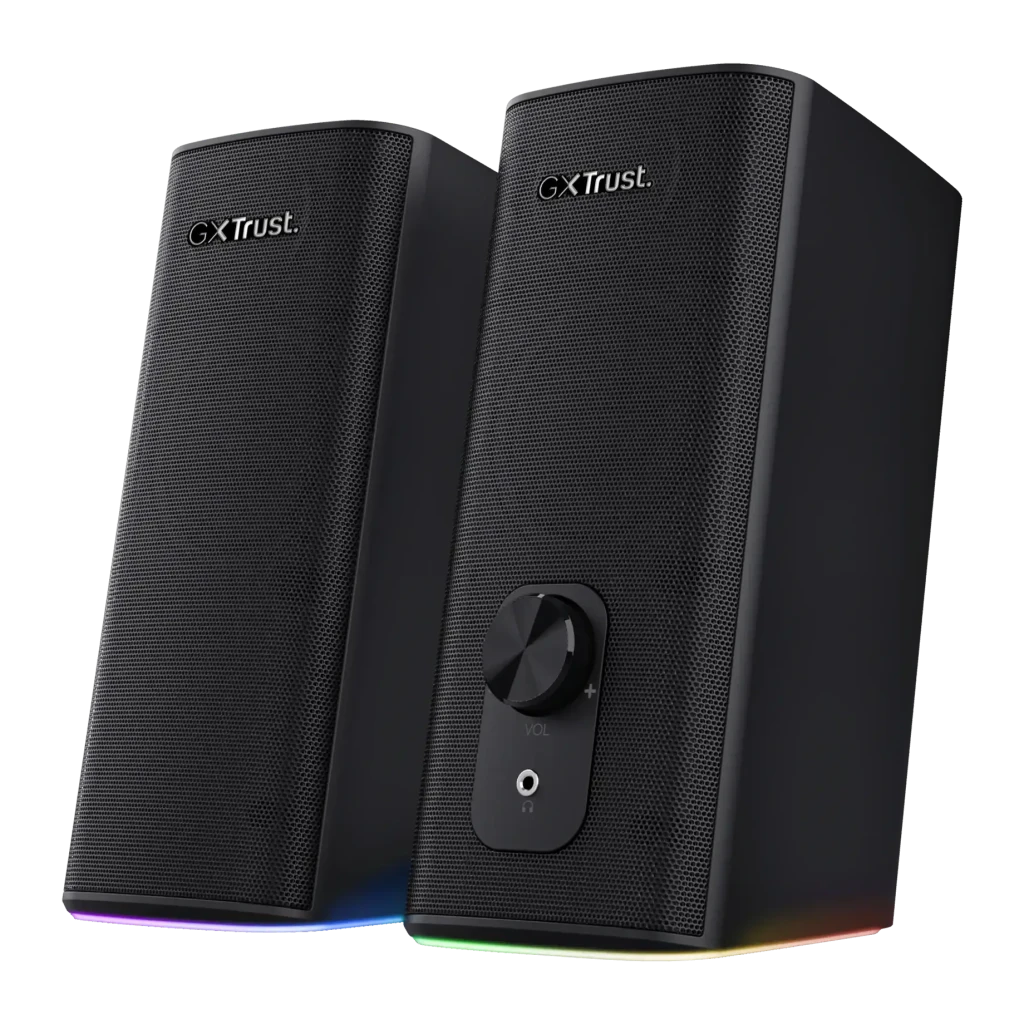 Altavoces Trust GXT 612 Cetic 18W PMPO Batería integrada Bluetooth + Jack 3,5mm, vista frontal: dos altavoces negros