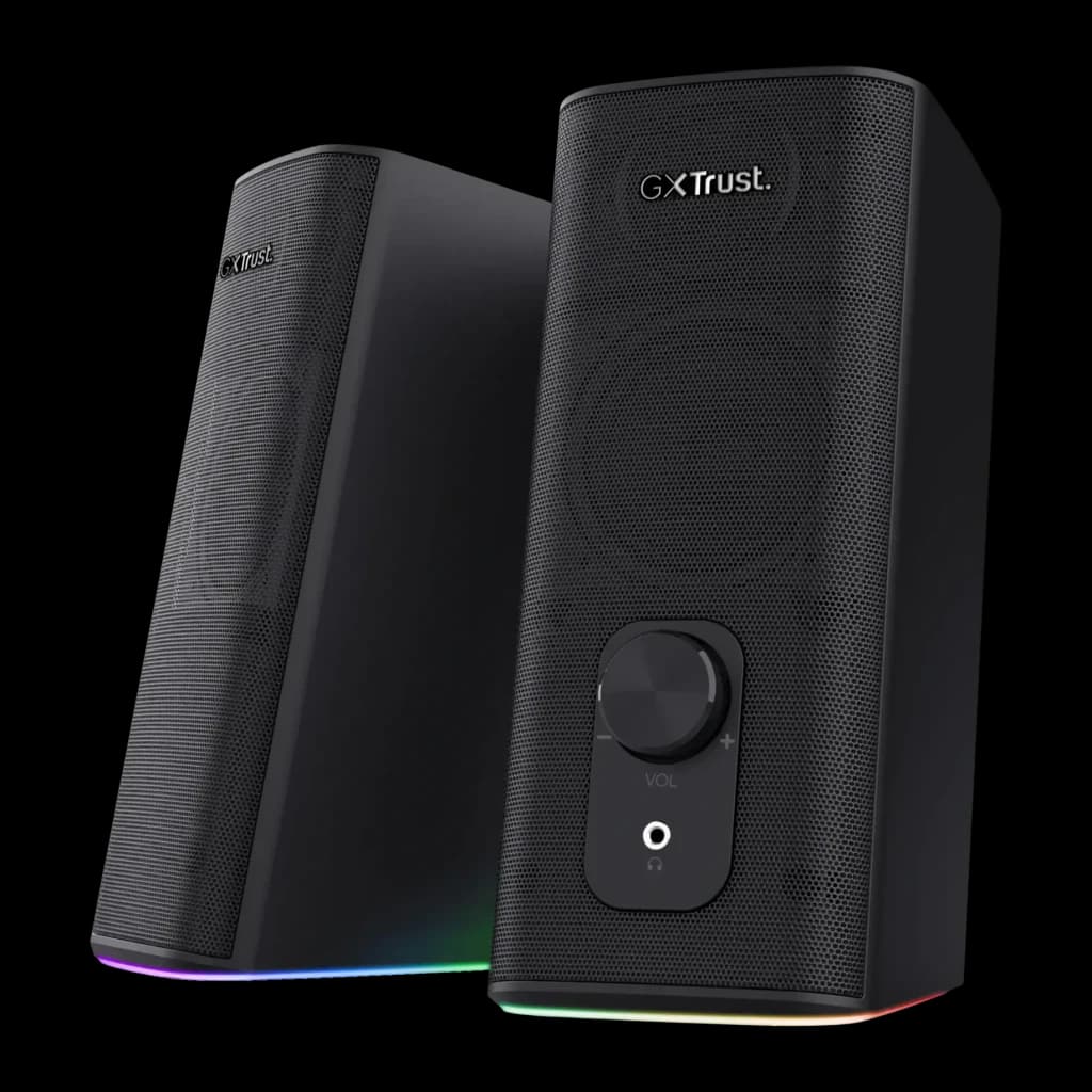 Altavoces Trust GXT 612 Cetic 18W PMPO Batería integrada Bluetooth + Jack 3,5mm, vista frontal en ángulo: dos altavoces