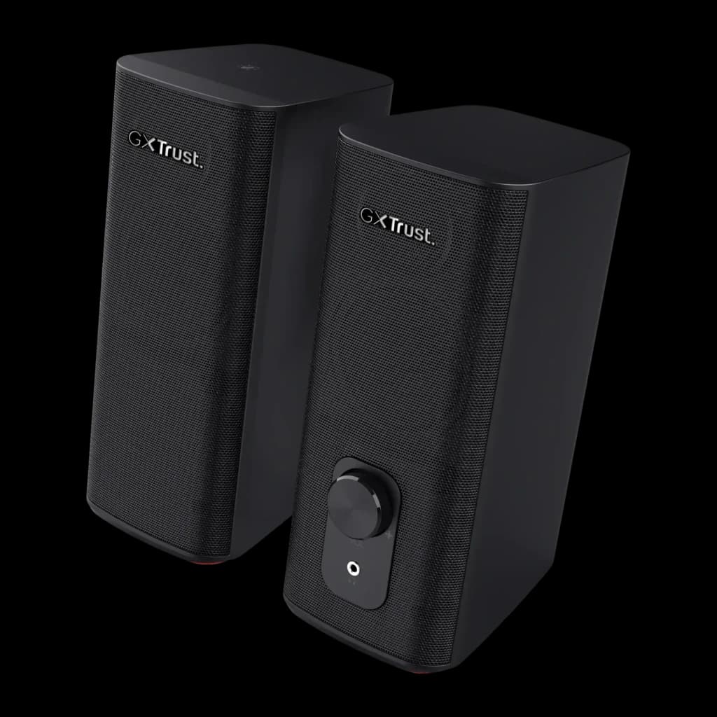 Altavoces Trust GXT 612 Cetic 18W PMPO Batería integrada Bluetooth + Jack 3,5mm, vista frontal en ángulo: par de altavoces