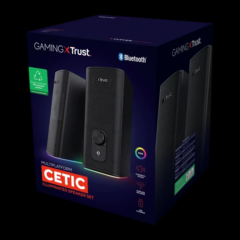 Altavoces Trust GXT 612 Cetic 18W PMPO Batería integrada Bluetooth + Jack 3,5mm, caja: packaging frontal con altavoces