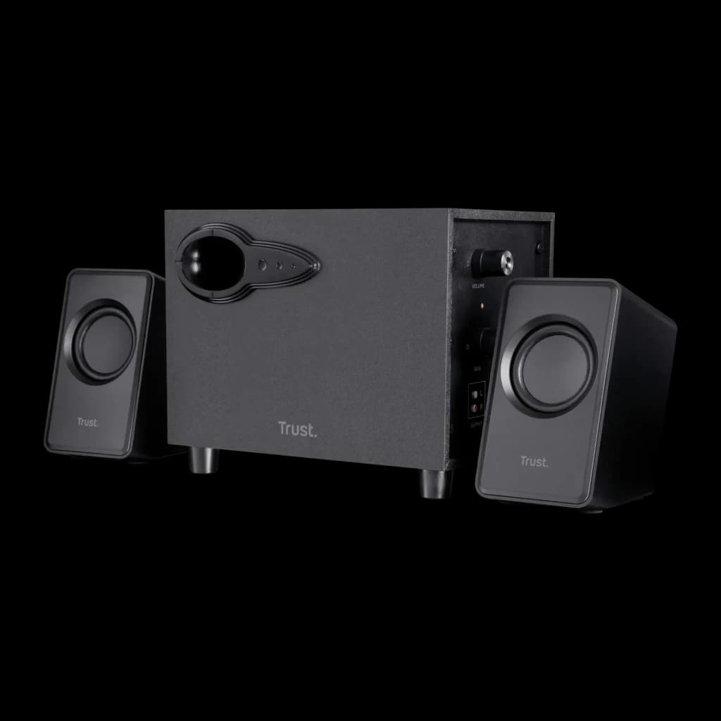 Altavoces Trust Avora 2.1 Subwoofer Activo 9W RMS, vista frontal en ángulo: subwoofer central negro con dos satélites