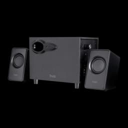 Altavoces Trust Avora 2.1 Subwoofer Activo 9W RMS, vista frontal en ángulo: subwoofer central negro con dos satélites