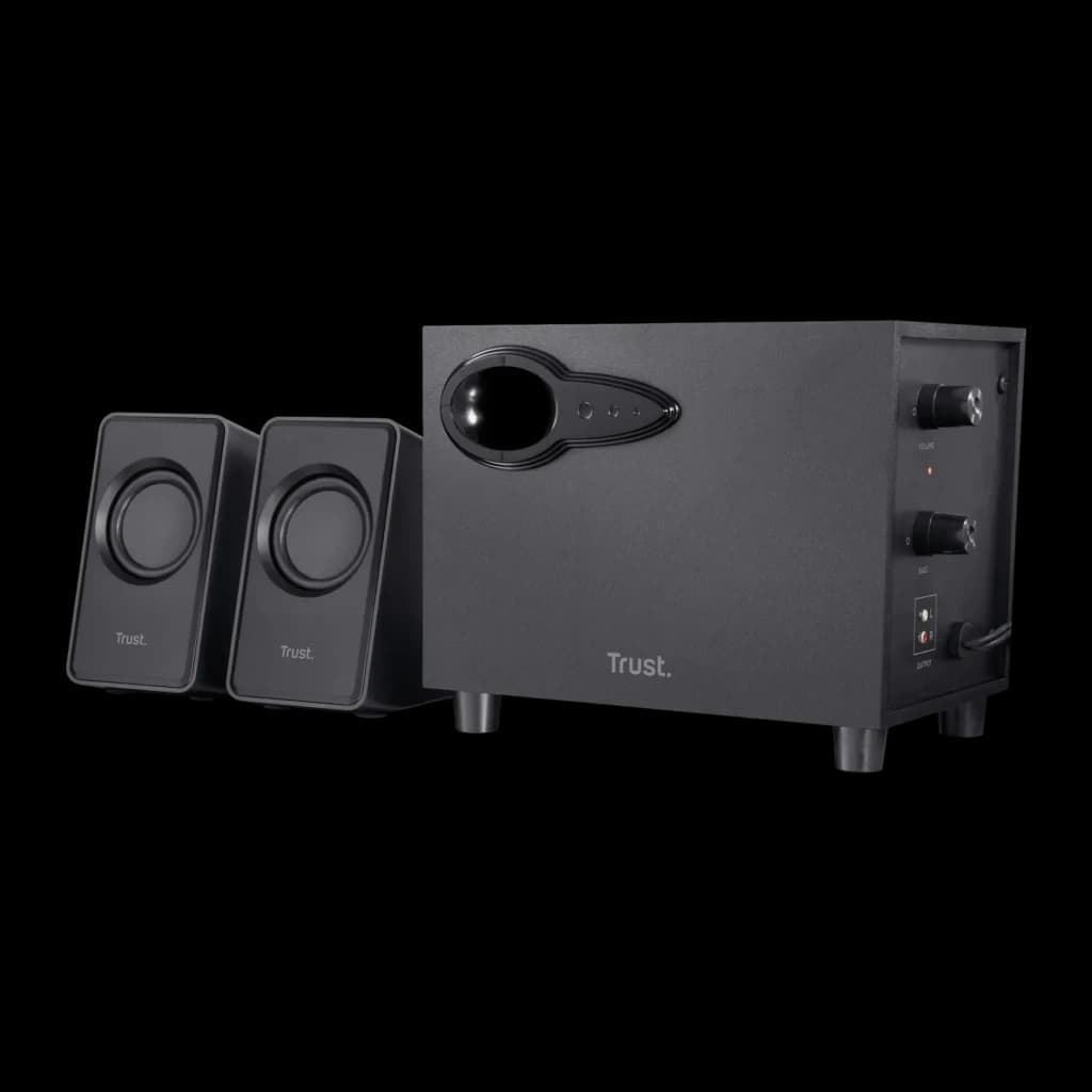 Altavoces Trust Avora 2.1 Subwoofer Activo 9W RMS, vista lateral: dos satélites y subwoofer negro con mandos de volumen