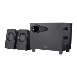 Altavoces Trust Avora 2.1 Subwoofer Activo 9W RMS, vista lateral: dos satélites y subwoofer negro con mandos de volumen