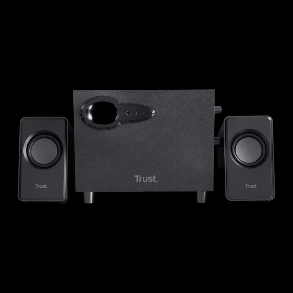 Altavoces Trust Avora 2.1 Subwoofer Activo 9W RMS, vista frontal: subwoofer central con control de volumen y dos satélites