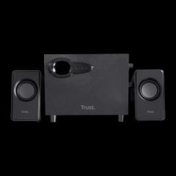 Altavoces Trust Avora 2.1 Subwoofer Activo 9W RMS, vista frontal: subwoofer central con control de volumen y dos satélites