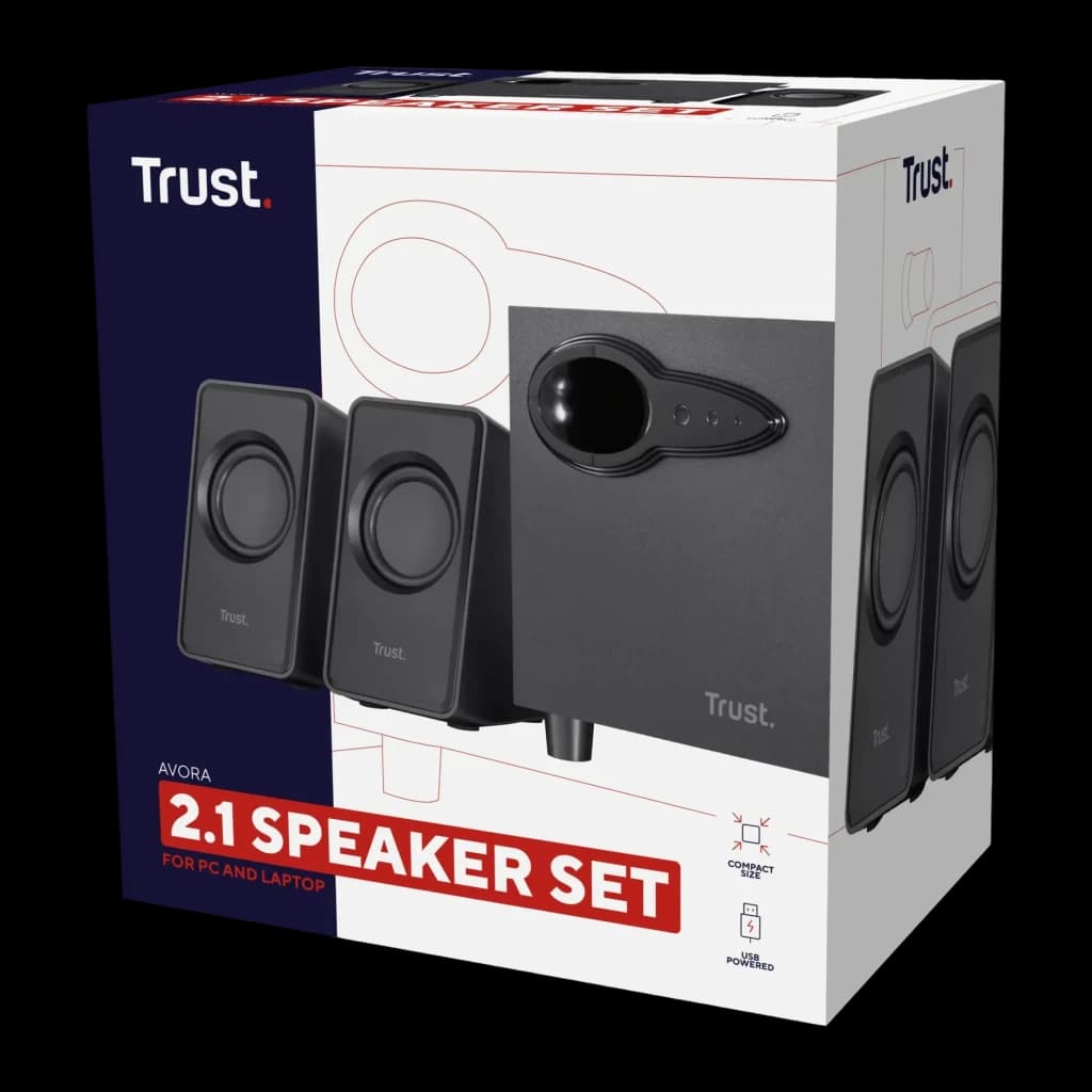 Altavoces Trust Avora 2.1 Subwoofer Activo 9W RMS, caja: packaging frontal con dos satélites negros y subwoofer negro