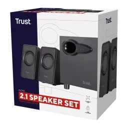 Altavoces Trust Avora 2.1 Subwoofer Activo 9W RMS, caja: packaging frontal con dos satélites negros y subwoofer negro