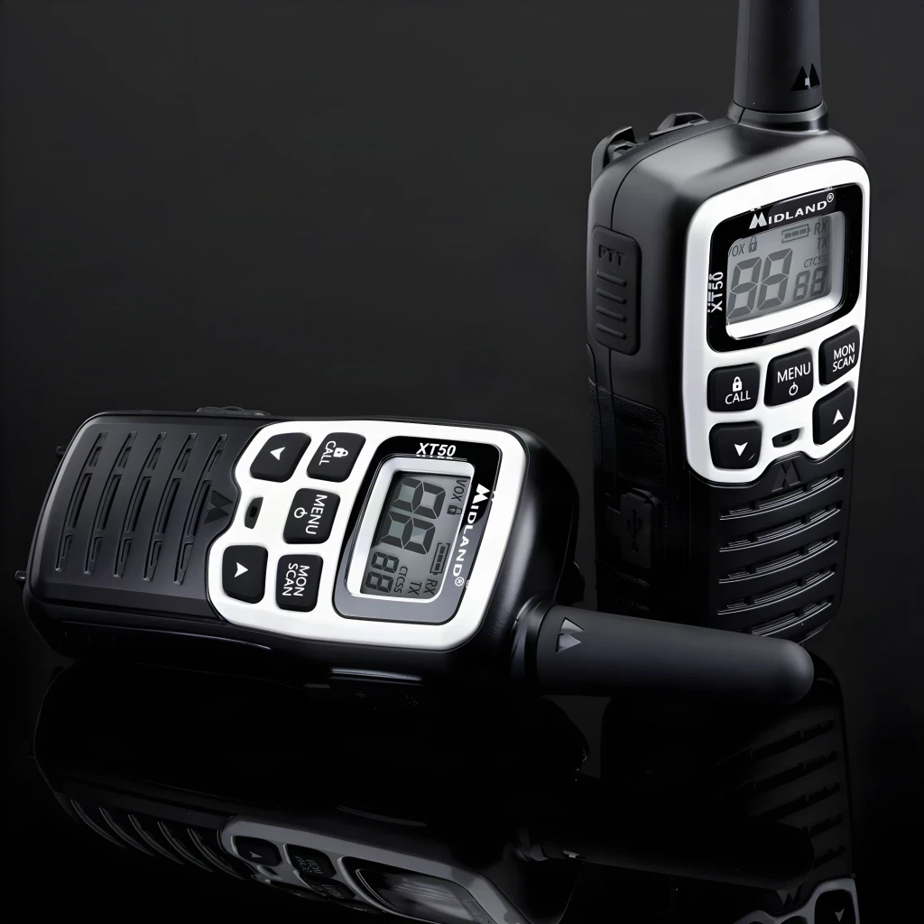 Walkie-Talkie Midland XT50 Adventure 24 canales Pack 2, vista frontal: dos unidades negras con pantalla LCD y botones CALL