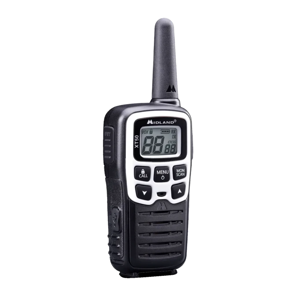 Walkie-Talkie Midland XT50 Adventure 24 canales Pack 2, vista frontal en ángulo: pantalla LCD, botones CALL MENU SCAN