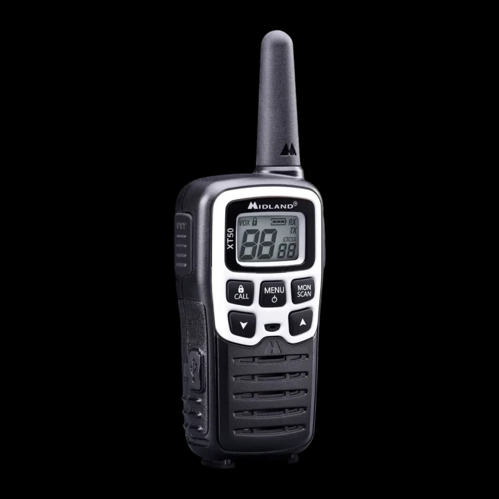 Walkie-Talkie Midland XT50 Adventure 24 canales Pack 2, vista frontal en ángulo: pantalla LCD, botones CALL MENU SCAN