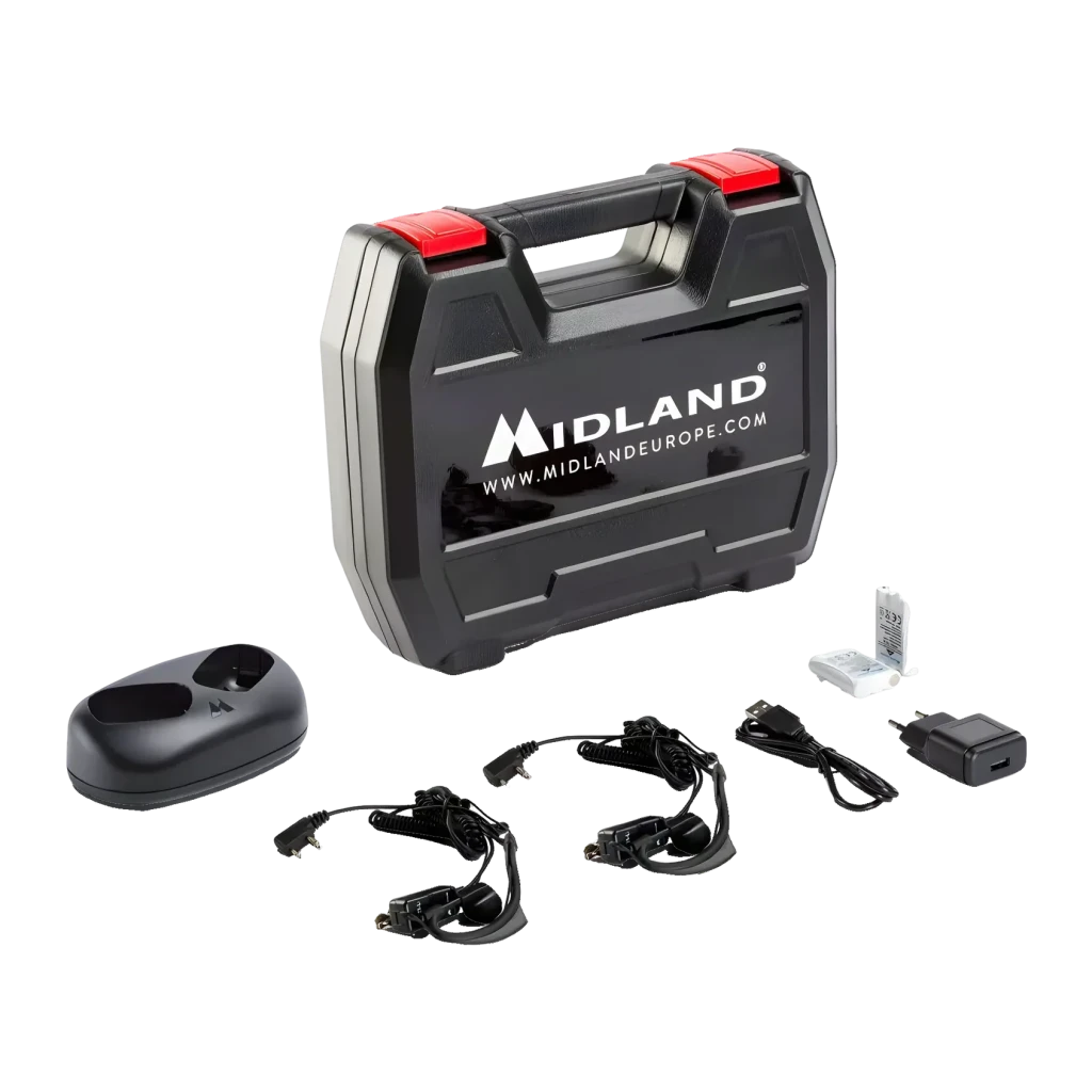 Walkie-Talkie Midland XT50 Adventure 24 canales Pack 2, accesorios: maletín rígido negro, base cargadora doble, auriculares